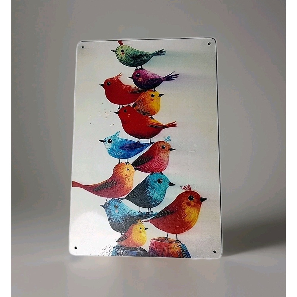 New Vintage Style Tin Watercolor Birds Home Decor 12" x 8" Colorful‎ Whimsical